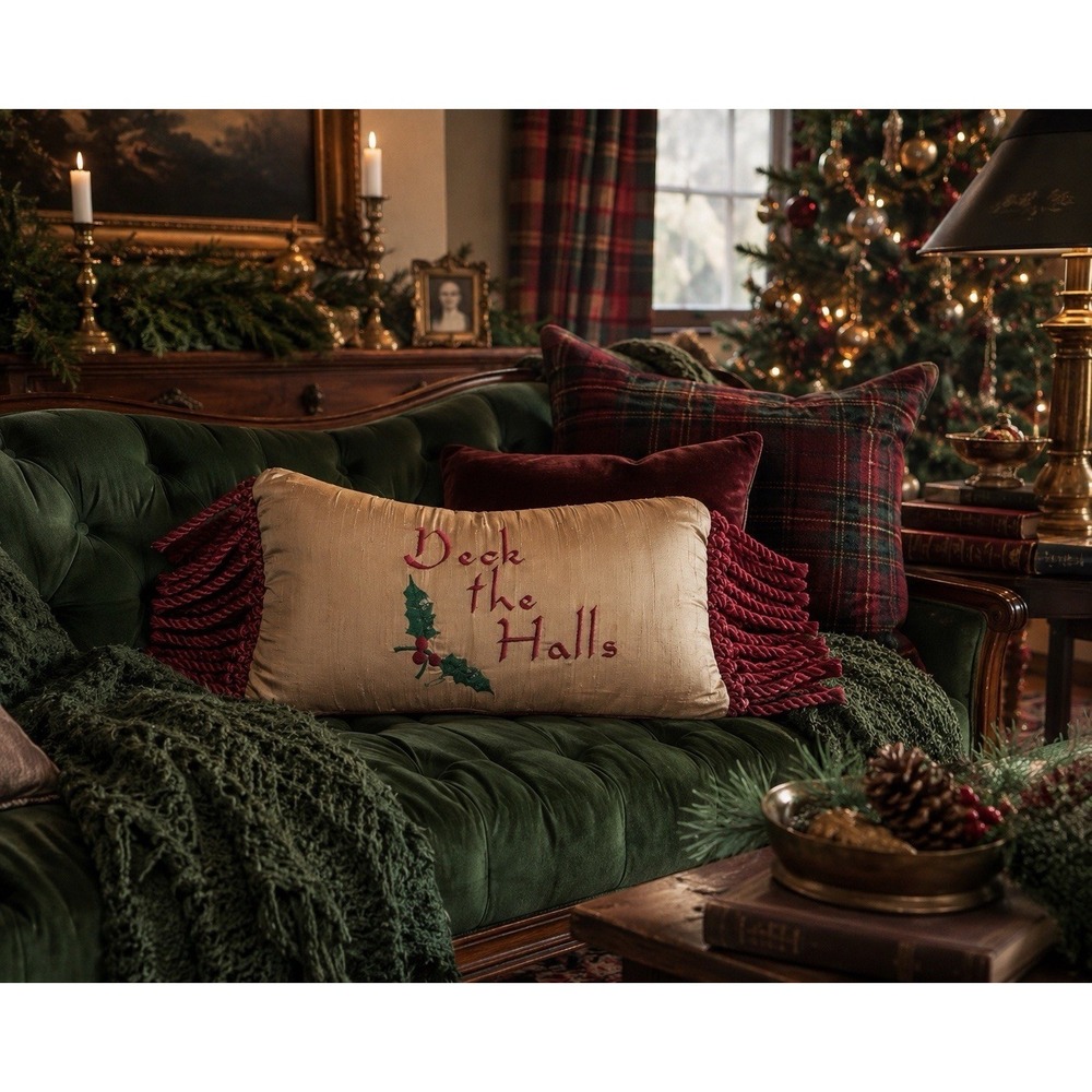 Christmas Deck the Halls Lumbar Pillow Gold Silk Fringe Embroidered VTG 1950s - Picture 10 of 10